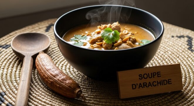 Gourmet Soupe d&rsquo;Arachide: Creamy African Peanut Soup with Chicken, Traditional Ndoa Mat, and Antique Accents