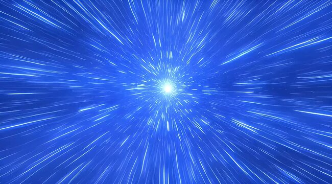 Abstract space travel effect through hyperspace with streaks of light in blue