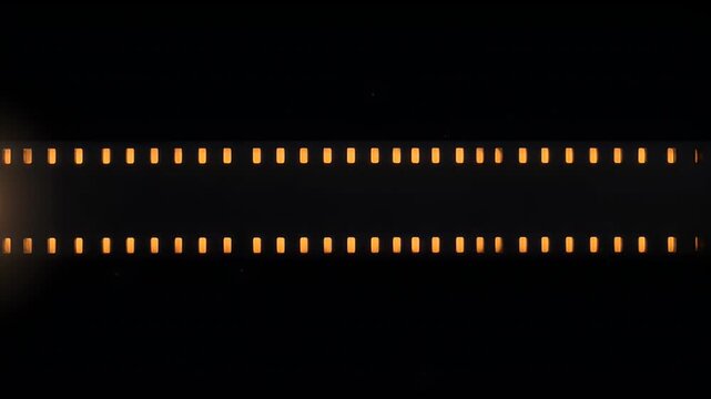 Macro image of unspooled 35mm film shows sprocket holes in the dark