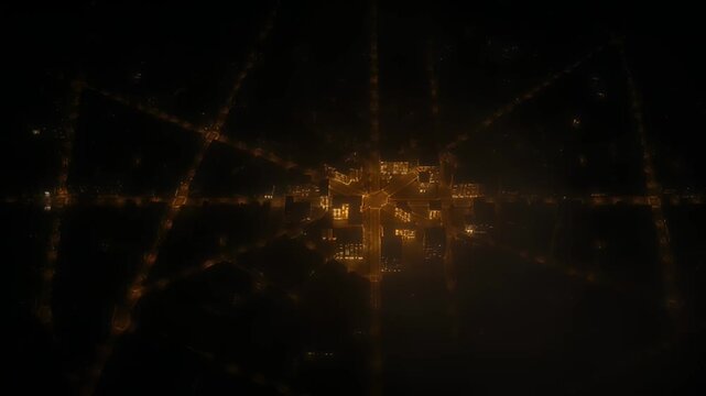 Nighttime Cityscape Aerial View with Radial Roads Illuminated with Orange Lights