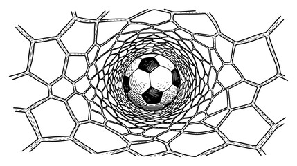 Soccer ball hitting the goal net mesh in vintage woodcut style © AnimalZOO