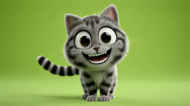Smiling gray tabby kitten with big eyes on playful green background