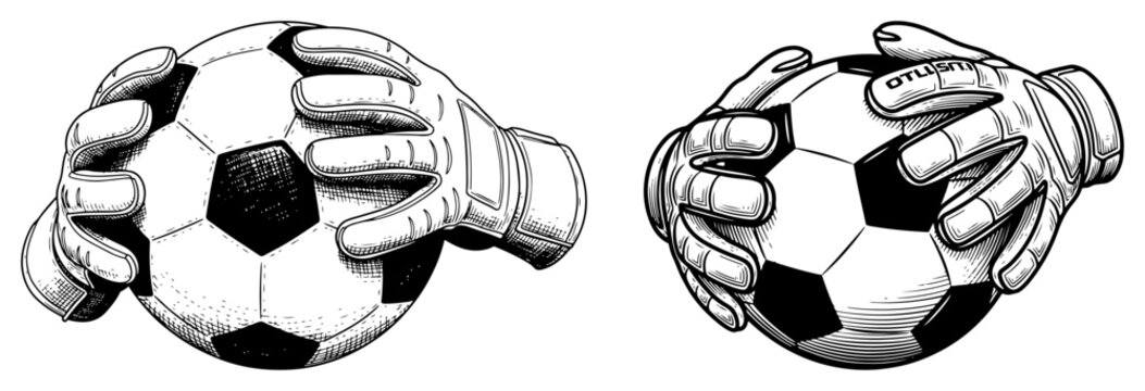Goalkeeper hands in gloves holding a soccer ball in woodcut style