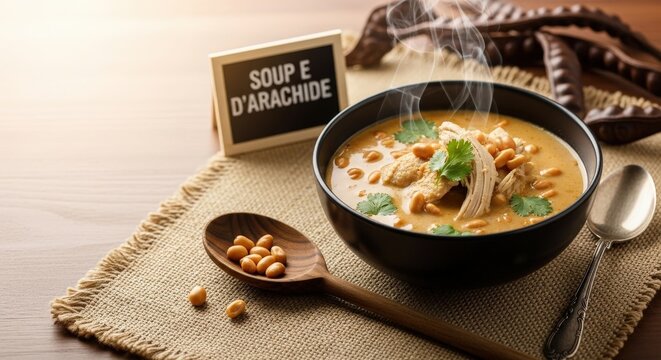 Gourmet Soupe d&rsquo;Arachide: Creamy African Peanut Soup with Chicken, Warm Negative Space, and Traditional Heritage Accents