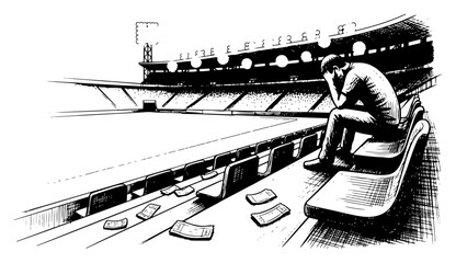 Depressed man sitting alone in empty stadium stands sketch illustration © AnimalZOO