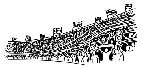 Crowd of sports fans cheering in stadium stands with flags sketch illustration © AnimalZOO