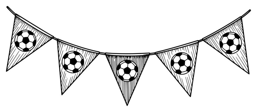 Bunting banner with soccer ball patterns in vintage engraving style