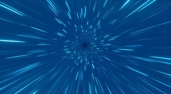 Digital rendering of a blue hyperspace tunnel or wormhole effect with speed
