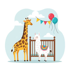 Fototapeta premium Giraffe and Llama at Baby's Birthday Party