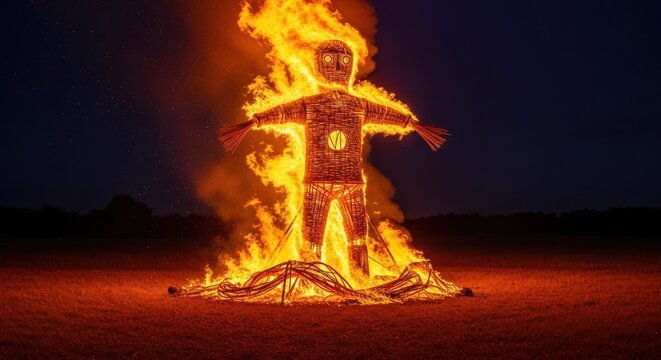 A large effigy of a figure burns brightly in a bonfire at dusk, with flames engulfing it