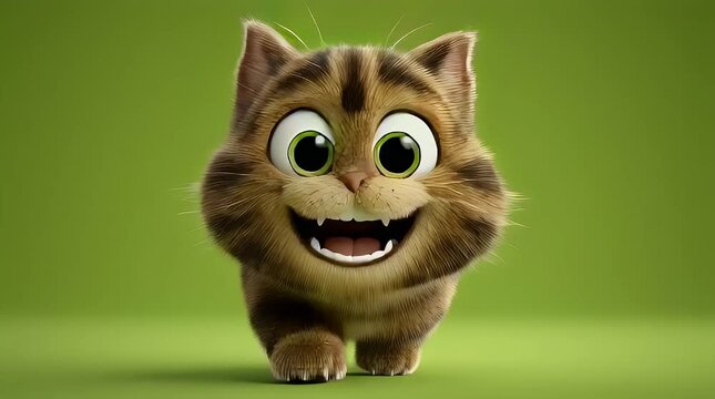 Cute 3D Animated Fluffy Tabby Cat Running and Smiling