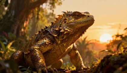 Obraz premium Golden Iguana Standing in Jungle at Sunset