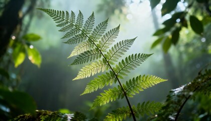 Fern leaves illuminated by sunlight in a forest setting