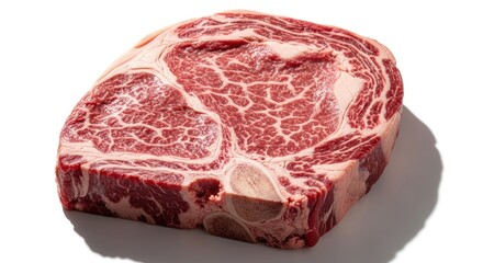 Obraz premium Close-up of a raw, marbled ribeye steak on white background