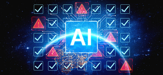 Fototapeta na wymiar Futuristic artificial intelligence concept depicting AI hallucination, processing errors, and generating misinformation. Represents the risks of unreliable algorithms and model collapse. Corpus