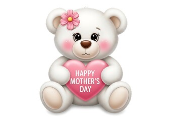 Obraz premium Adorable white teddy bear holding heart-shaped sign with Happy Mother's Day message, sitting alone on transparent background