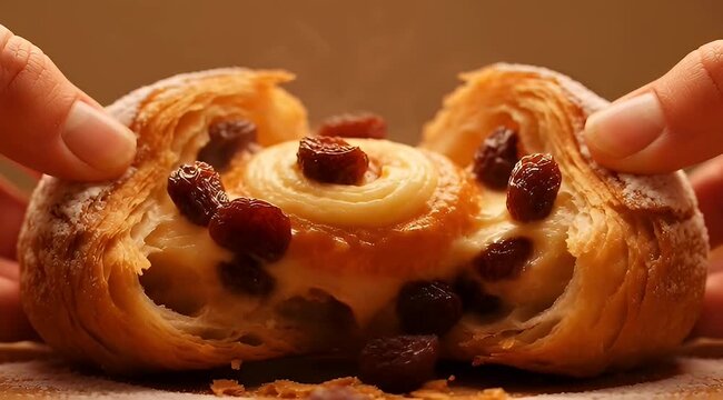 Close up of a delicious looking raisin pastry being opened by hands