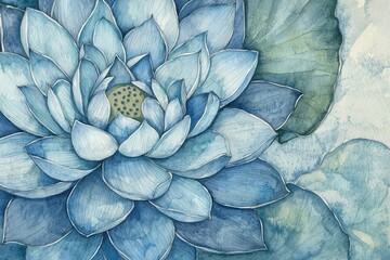 Obraz premium White Lotus Blossom with Blue Watercolor Background
