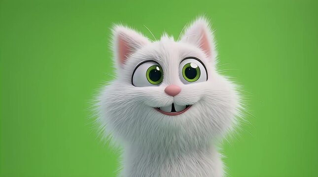 Funny 3D animated white cat with big teeth on green background
