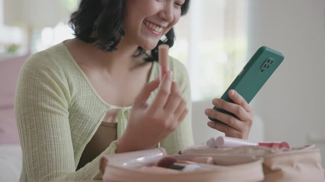 AI data driven advice skin care smart future scan list label tech. young asia people gen z girl happy smile enjoy using phone app help check guide verify cosmetic urban make-up shop store retail asian
