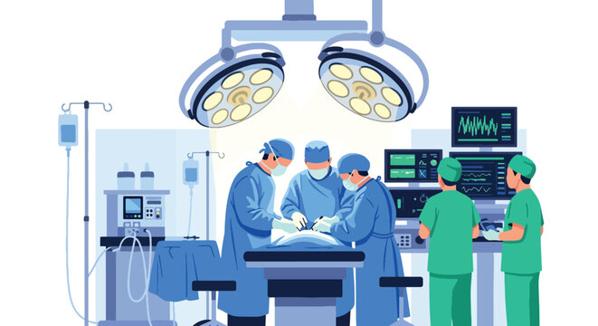 Modern flat vector illustration of surgeons performing operation in operating room representing advanced healthcare treatment and professional medical teamwork