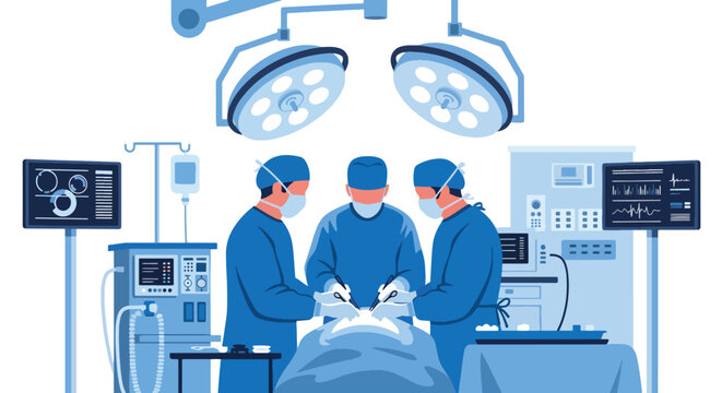 Modern flat vector illustration of surgeons performing operation in operating room representing advanced healthcare treatment and professional medical teamwork
