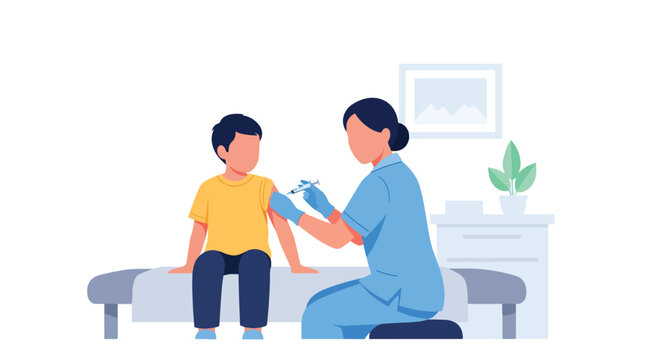 Modern flat vector illustration of nurse giving vaccination to child in clinic representing preventive healthcare, immunization and public health protection
