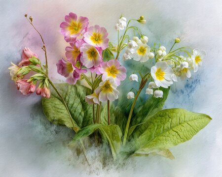 Lily of the Valley and Forest Primroses Watercolor with Pencil Sketch