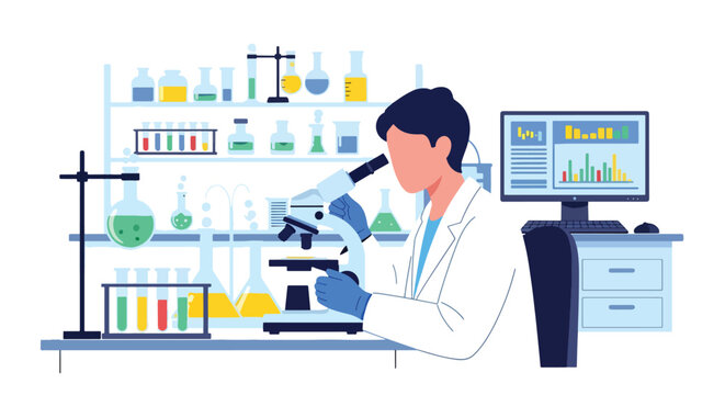 Modern flat vector illustration of laboratory technician analyzing samples with microscope representing medical research, diagnostics and scientific healthcare testing