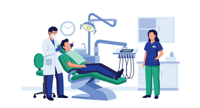 Modern flat vector illustration of dentist treating patient in dental chair representing oral healthcare, hygiene treatment and professional dental clinic service