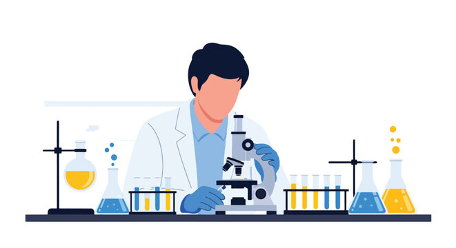 Modern flat vector illustration of laboratory technician analyzing samples with microscope representing medical research, diagnostics and scientific healthcare testing