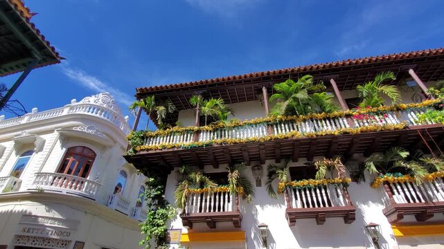 Famous colonial Cartagena Walled City, Cuidad Amurrallada, and its colorful buildings in historic city center, a designated UNESCO World Heritage Site
