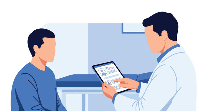 Modern flat vector illustration of doctor using tablet for digital medical records during consultation representing modern healthcare technology and data management