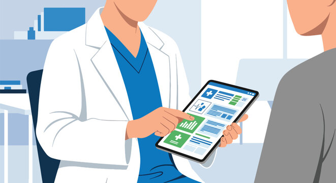 Modern flat vector illustration of doctor using tablet for digital medical records during consultation representing modern healthcare technology and data management