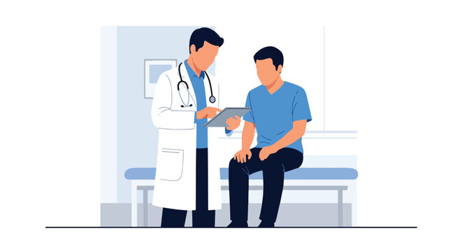 Modern flat vector illustration of doctor using tablet for digital medical records during consultation representing modern healthcare technology and data management