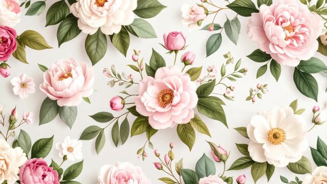 Delicate pink and white peonies and small blossoms with green leaves