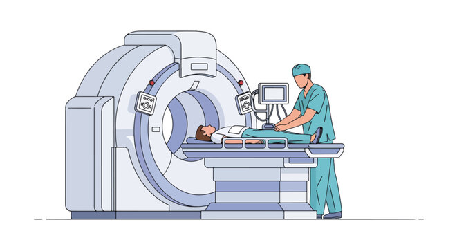 Modern flat vector illustration of radiology technician preparing patient for scan representing diagnostic imaging and modern healthcare technology service