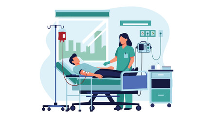 Modern flat vector illustration of blood donation session with donor and nurse representing community healthcare support and lifesaving medical service