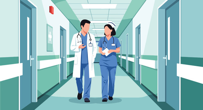 Modern flat vector illustration of doctor and nurse walking in hospital corridor discussing case representing teamwork and professional healthcare collaboration