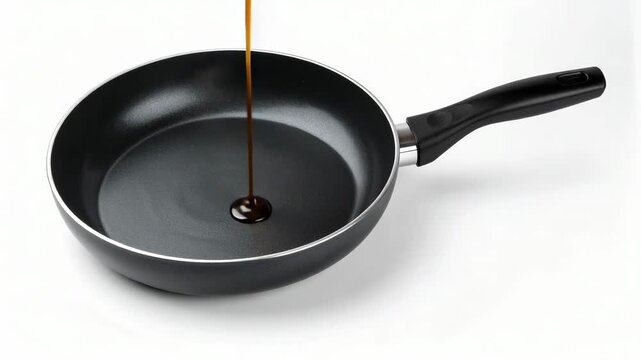 Dark liquid poured into a black nonstick frying pan on a white background