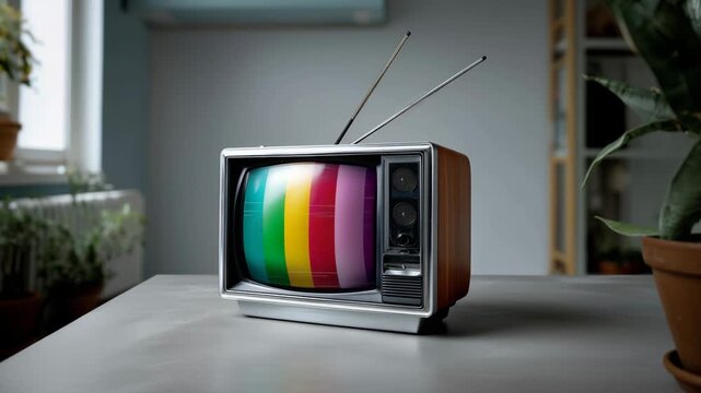 Retro television showing a color bar test pattern with no signal message, symbolizing broadcast failure, connection lost, analog error and technical service disruption with copy 