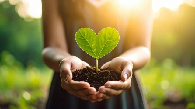 Hands holding a heart-shaped plant seedling in rich soil with bright sunlight