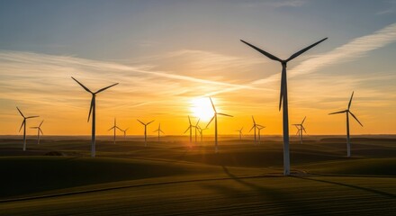 Wind turbines silhouetted against a golden sunset over rolling hills, producing clean energy