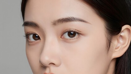 Fototapeta premium Close up of a woman's face featuring brown eyes and flawless skin