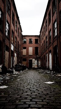 Abandoned alleyway with trash and debris