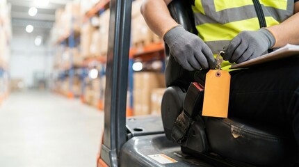 Fototapeta premium Forklift operator hands holding a clipboard and an orange blank shipping tag