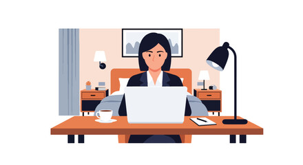 Modern flat vector illustration of business traveler working in hotel bedroom with laptop and coffee representing calm corporate travel routine 