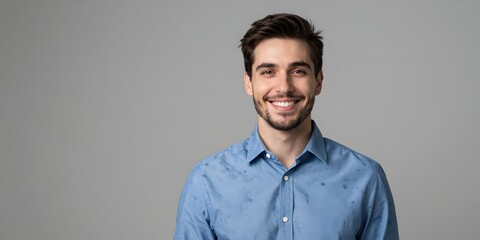 Obraz premium Young man in blue shirt looks directly at the camera with a warm smile