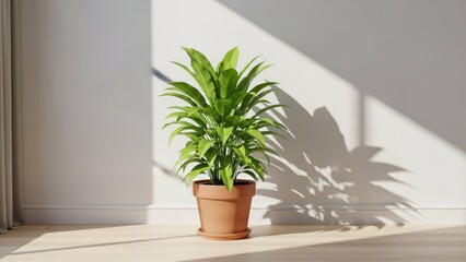 Fototapeta premium A potted green plant stands alone in a sunlit room, casting a shadow on the wall
