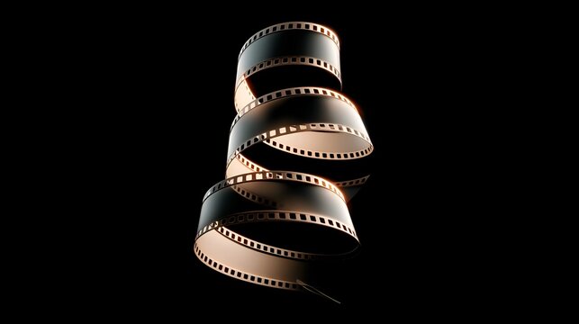 A dramatically lit strip of undeveloped 35mm film gracefully coils against a stark black backdrop, symbolizing cinematic artistry.